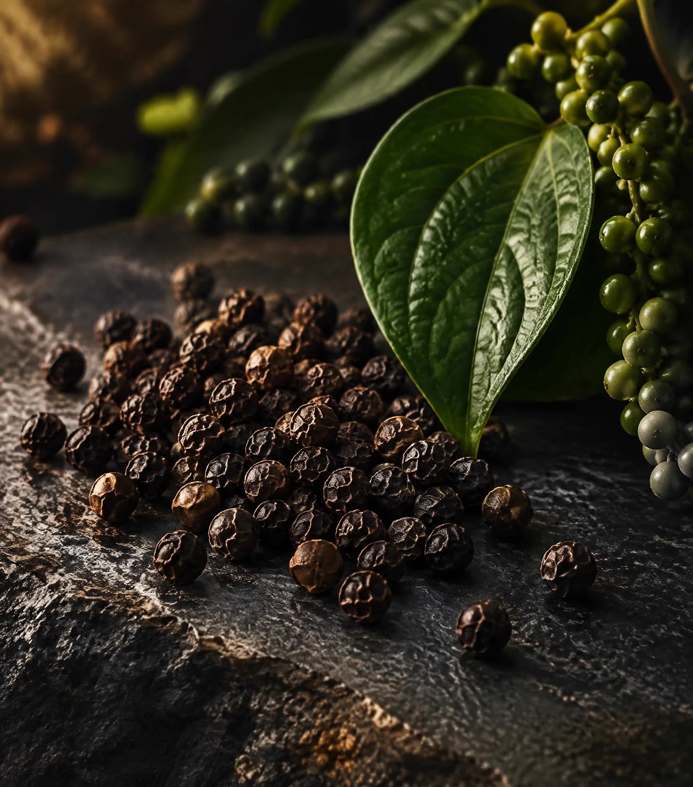 Black pepper from Kerala with fresh pepper vine leaves