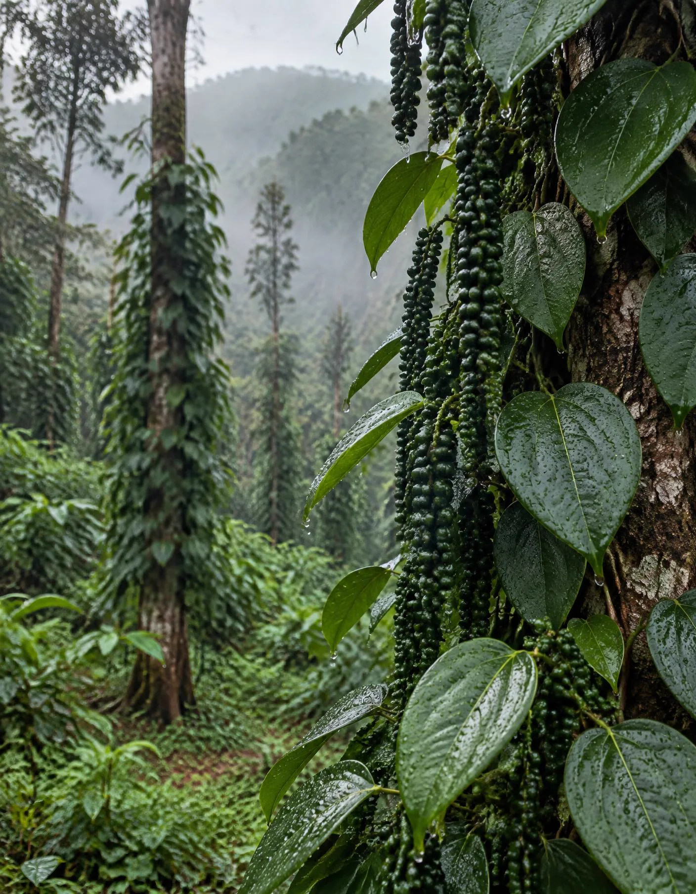 Black pepper vines in a misty plantation near Kattappana