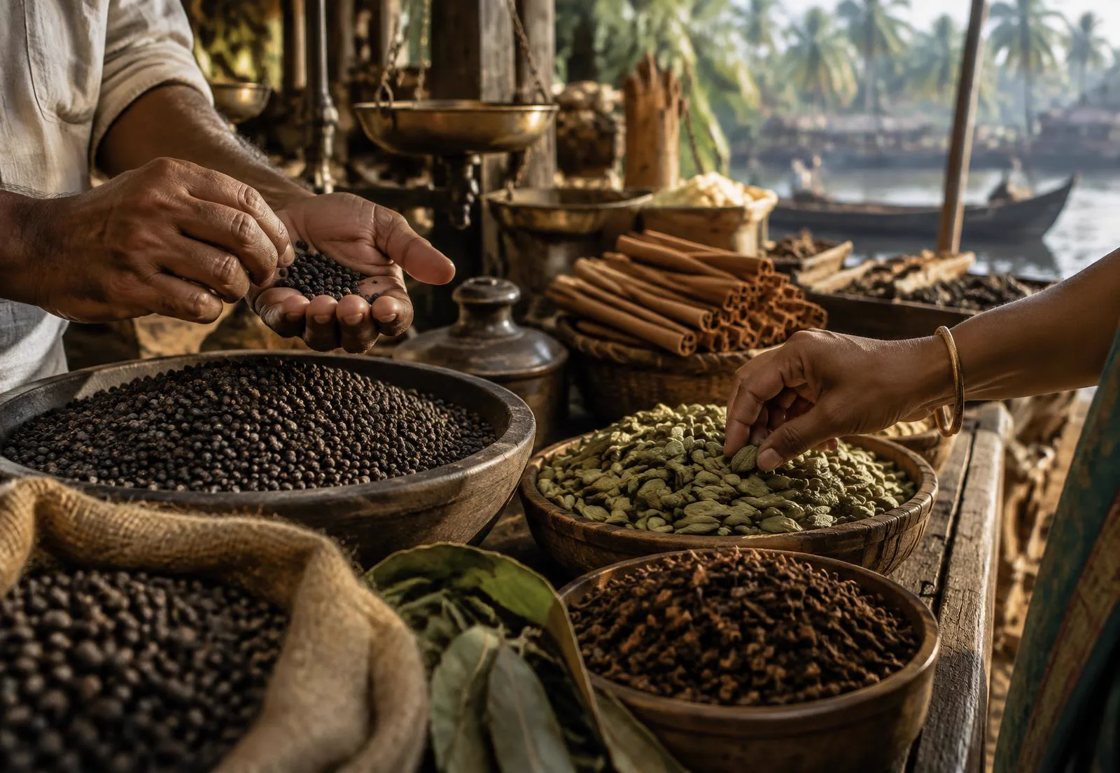 Careful selection of pepper and cardamom for spice trade